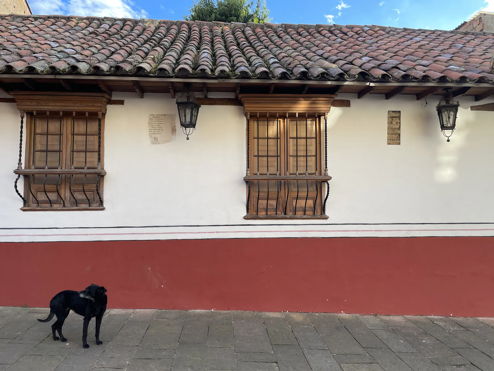 Colonial House with Lanterns and Dog